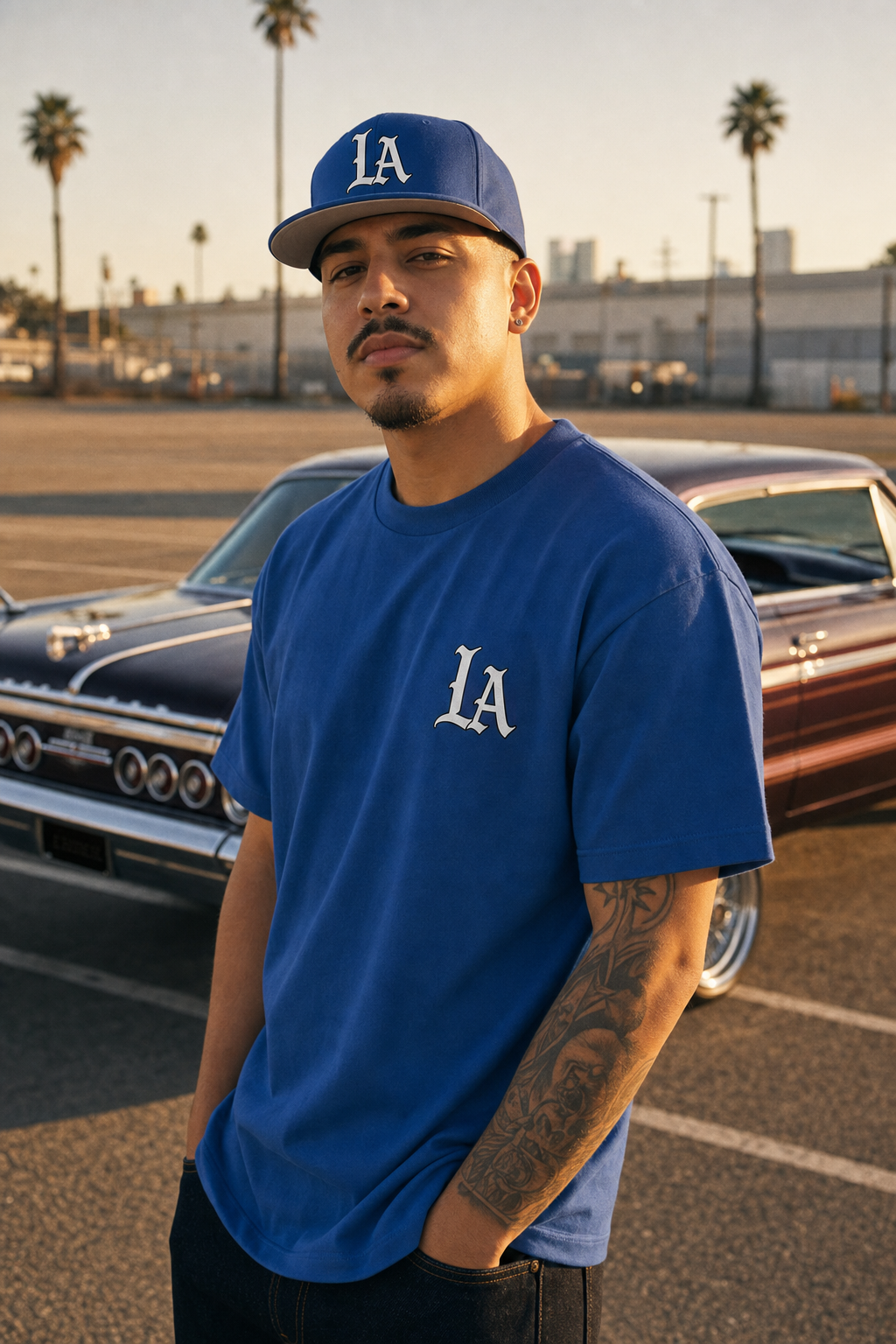 LA Tee in royal blue worn with the LA Snapback